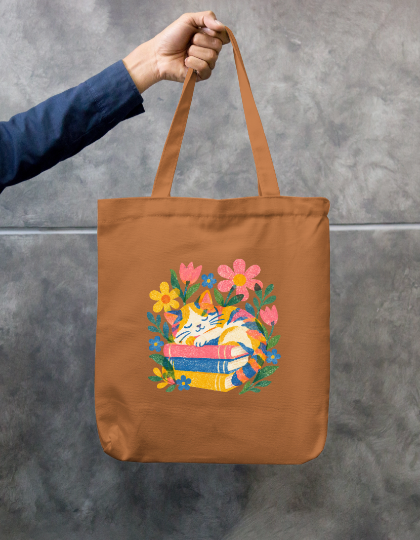 Bookish Cat Napping on Stack of Books Zippered Canvas Tote Zipper Tote Bag by SeJaa_Studio