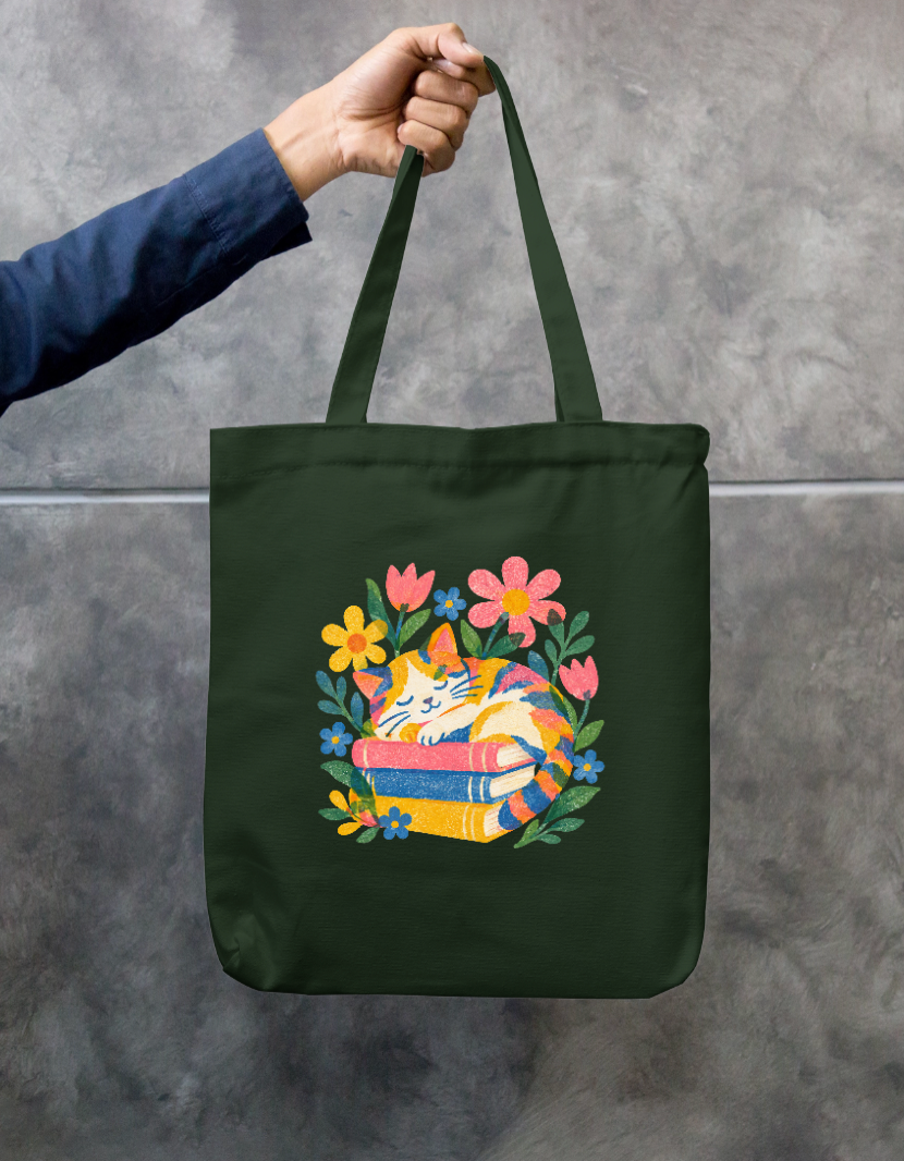 Bookish Cat Napping on Stack of Books Zippered Canvas Tote Zipper Tote Bag by SeJaa_Studio
