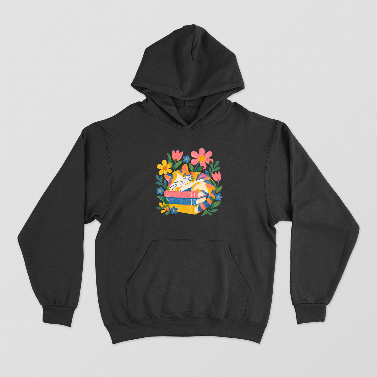 Bookish Cat Napping on Stack of Books Graphic Pullover Hoodie Unisex Hoodie by SeJaa_Studio