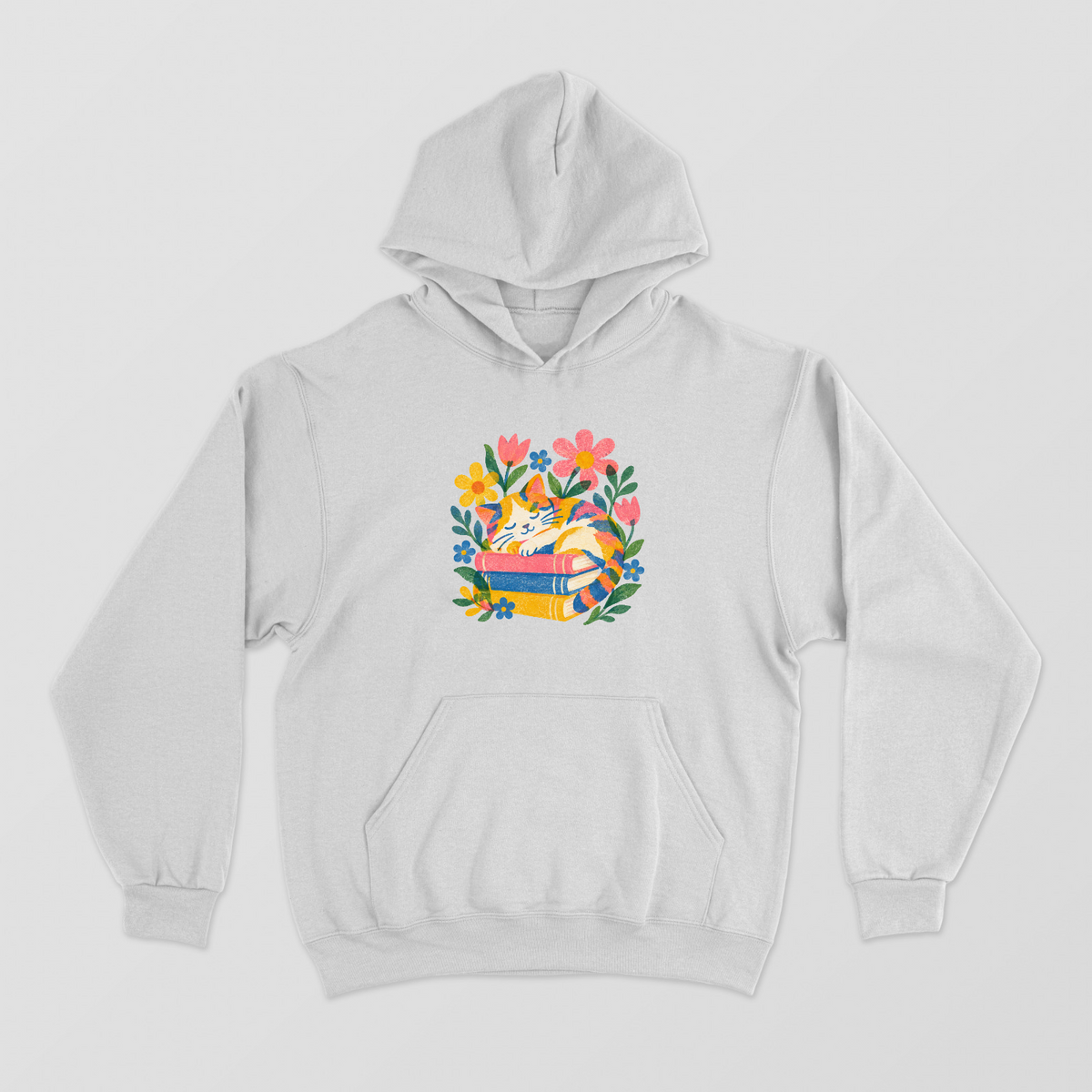 Bookish Cat Napping on Stack of Books Graphic Pullover Hoodie Unisex Hoodie by SeJaa_Studio