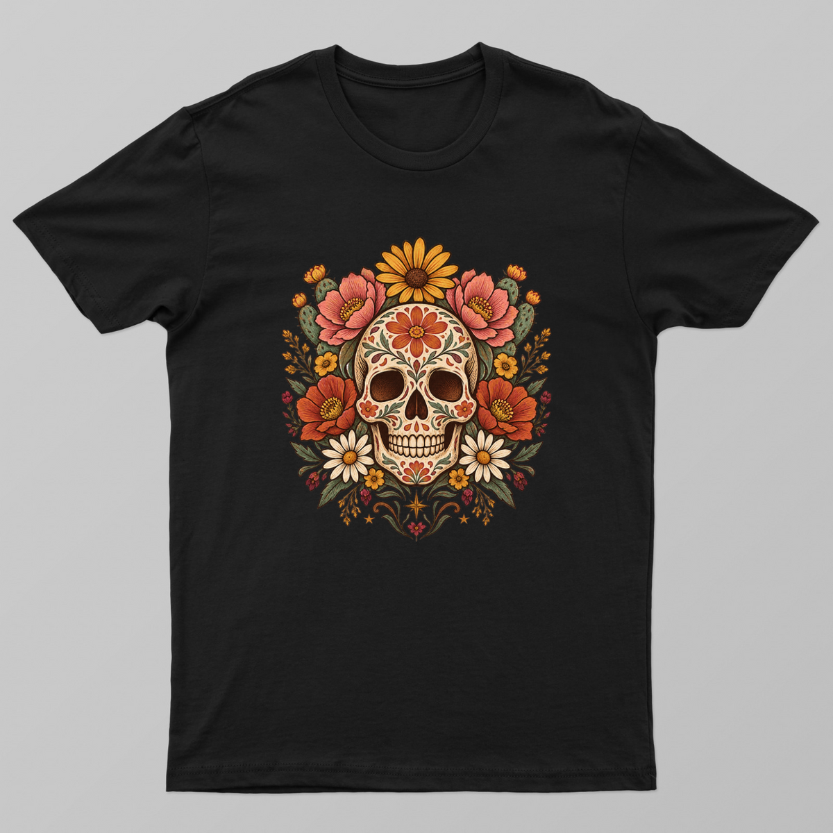 Boho Floral Sugar Skull Graphic Tee Unisex T-shirt by SeJaa_Studio