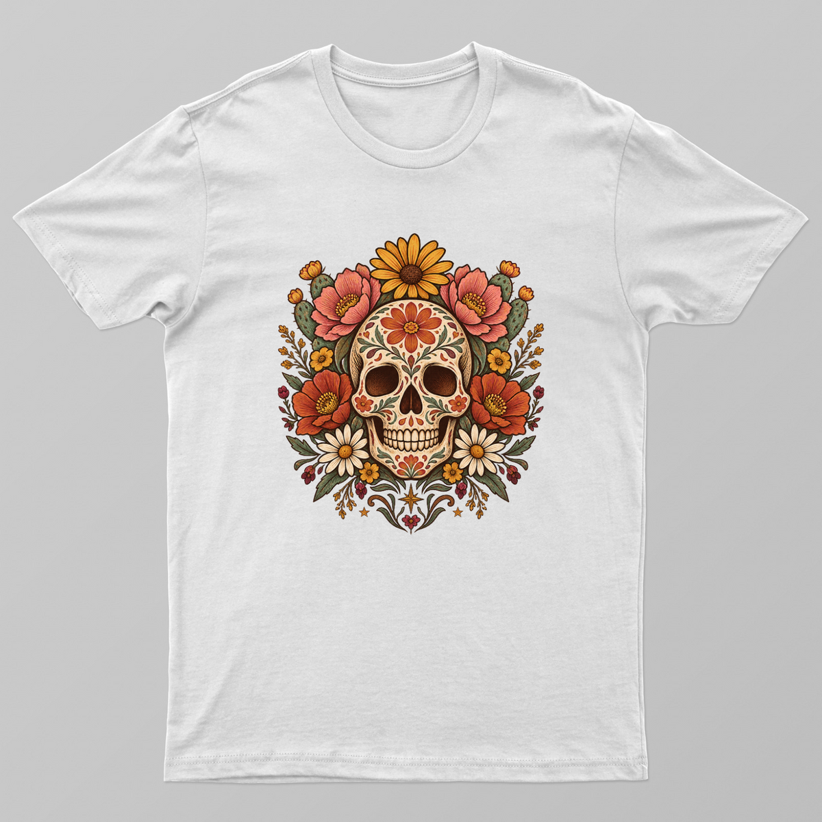 Boho Floral Sugar Skull Graphic Tee Unisex T-shirt by SeJaa_Studio