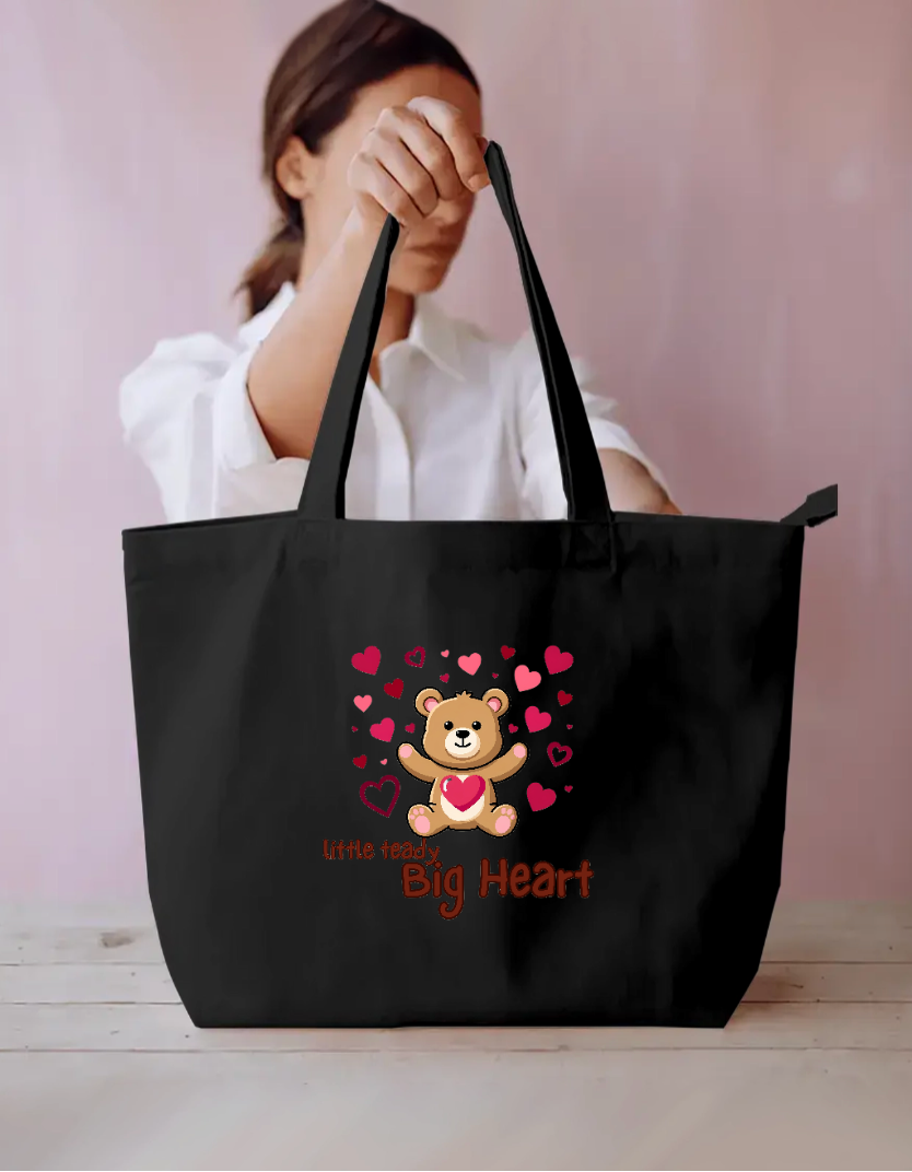 Little Teddy Big Heart Cute Valentine Teddy Bear With Hearts Tote Bag Everyday Large Tote Bag by SeJaa_Studio