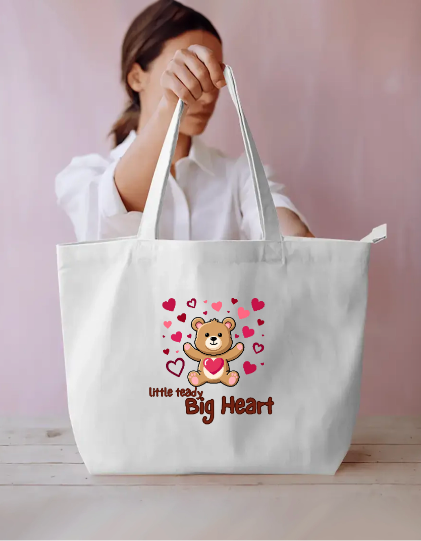 Little Teddy Big Heart Cute Valentine Teddy Bear With Hearts Tote Bag Everyday Large Tote Bag by SeJaa_Studio