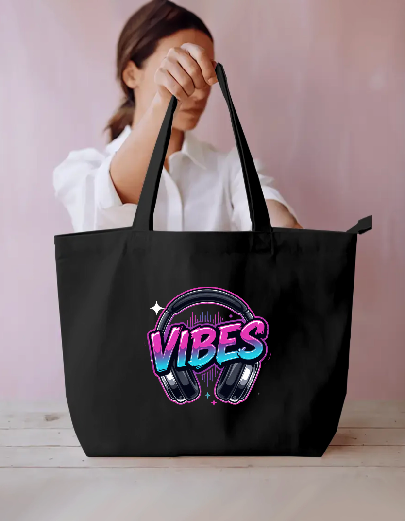 Neon Vibes Headphones Music Graphic Tote Bag Everyday Large Tote Bag by SeJaa_Studio