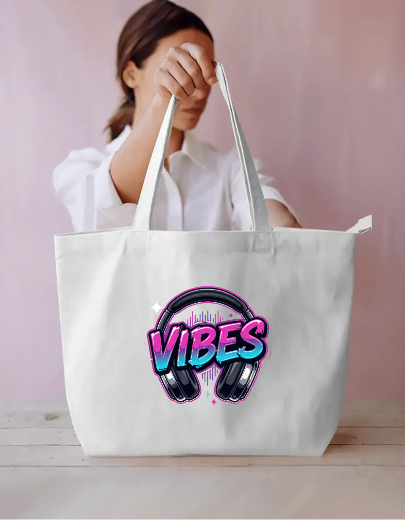 Neon Vibes Headphones Music Graphic Tote Bag Everyday Large Tote Bag by SeJaa_Studio