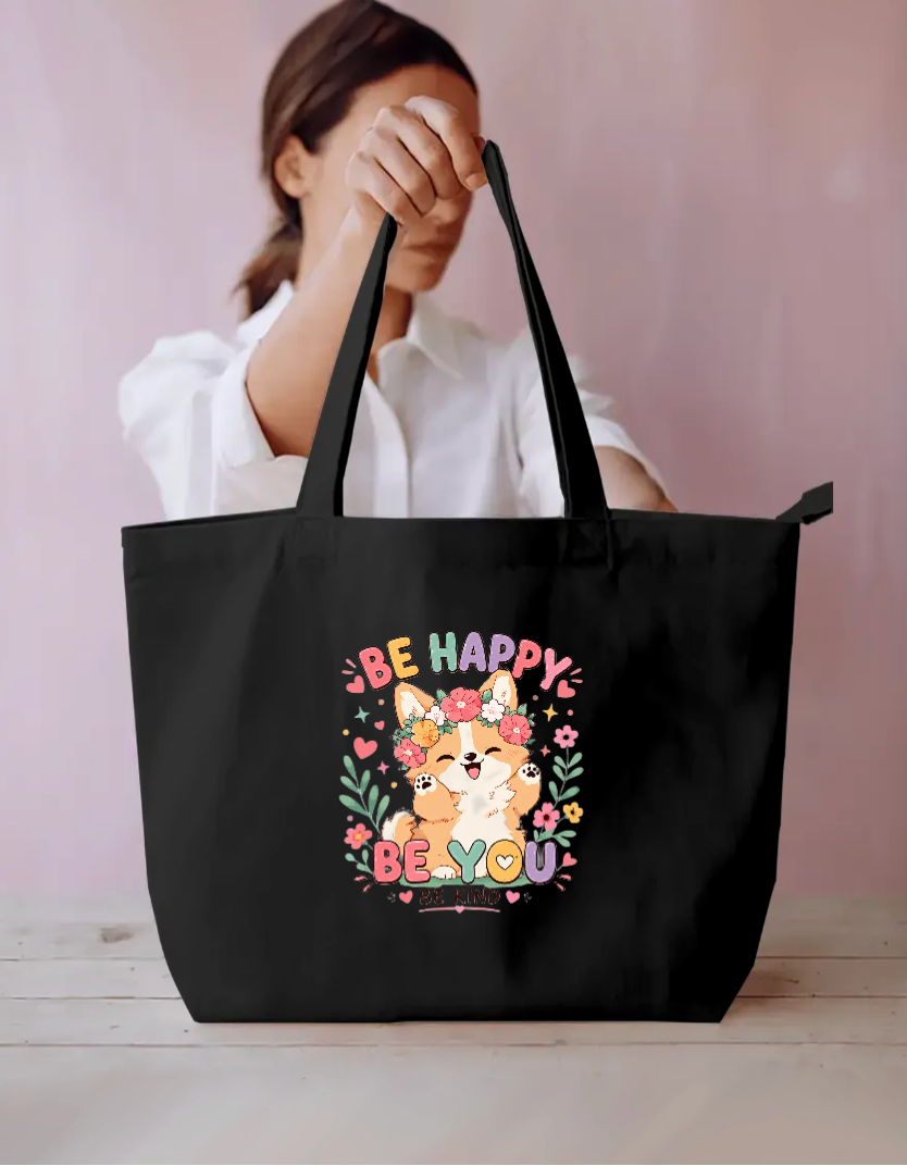 "Be Happy Be You Be Kind" Floral Corgi Canvas Tote Bag Everyday Large Tote Bag by SeJaa_Studio