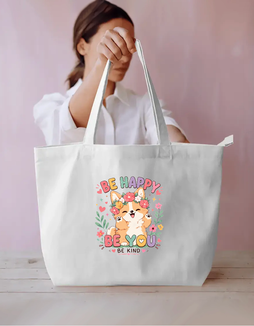 "Be Happy Be You Be Kind" Floral Corgi Canvas Tote Bag Everyday Large Tote Bag by SeJaa_Studio
