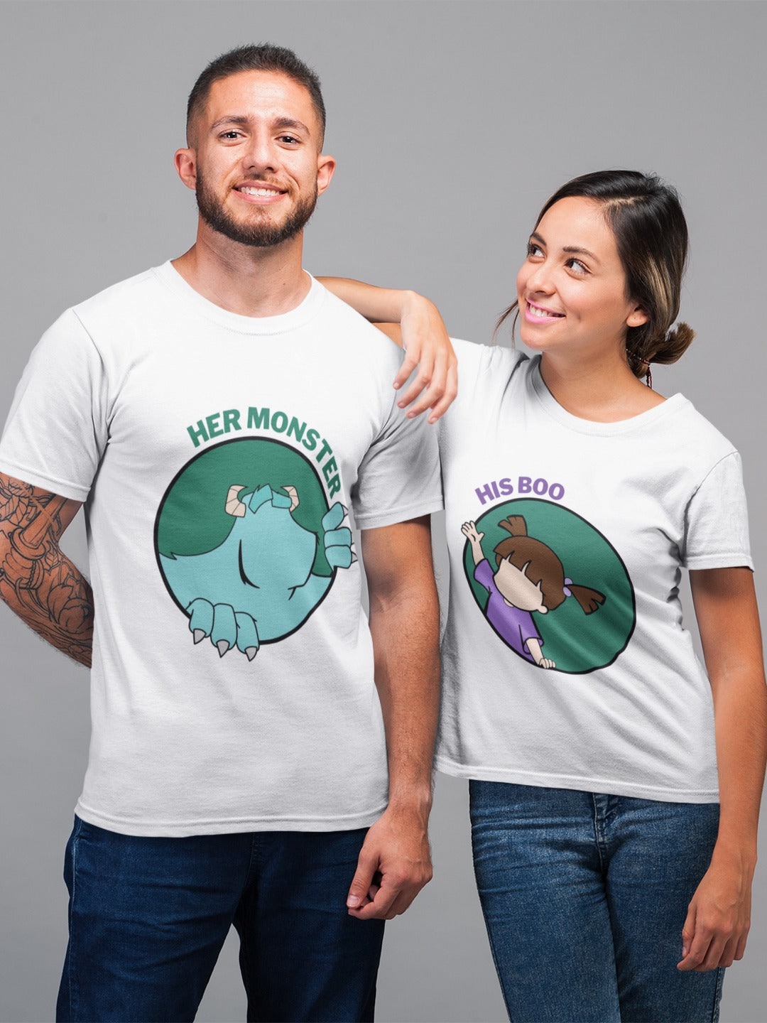 Show off your love for your significant other with our cute white couple t-shirt set! Featuring silhouettes of James and Boo from Monsters Inc., the men's shirt reads "Her Monster" while the women's shirt says "His Boo". Made from high-quality materials, these t-shirts are comfortable and perfect for any occasion. Order yours today!