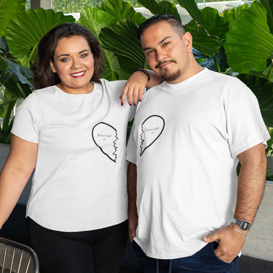 Show off your love for your better half with our set of white t-shirts for couples. Each shirt features a half heart with "Better Half <3" written inside. Made from high-quality materials, these shirts are comfortable and durable, making them perfect for everyday wear. Order yours today!