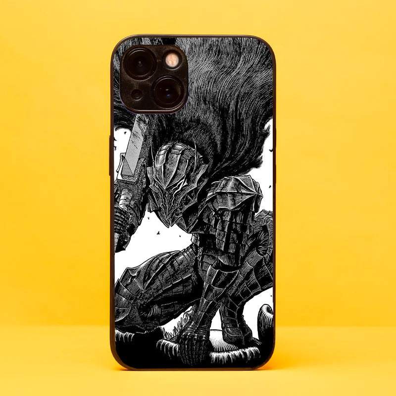 Unleash the power of Berserk Guts with our glass phone cover featuring his iconic black and white armor. Crafted for durability and aesthetics, this design showcases the fearless warrior's presence. Perfect for Berserk fans, this phone cover pays tribute to the legendary swordsman. Embrace the dark and epic world of Berserk with this unique and powerful glass phone cover. Shop now and carry Guts' essence with you!