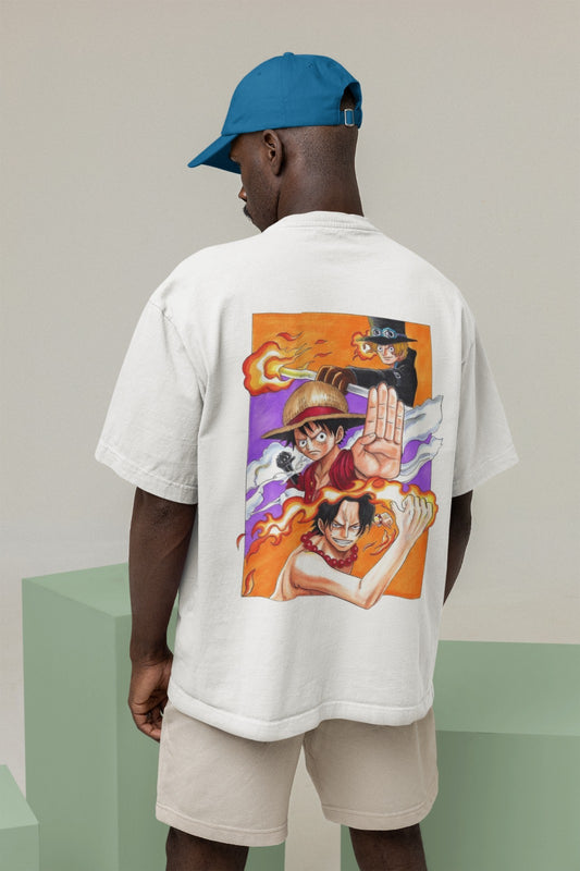 Celebrate brotherhood with our white unisex t-shirt, featuring Ace, Luffy, and Sabo in their iconic poses from One Piece on the back. Crafted with premium materials, this trendy tee offers both style and comfort. Perfect for One Piece fans, it's a must-have addition to your collection. Elevate your wardrobe and embrace the bond of brotherhood with this powerful design today!