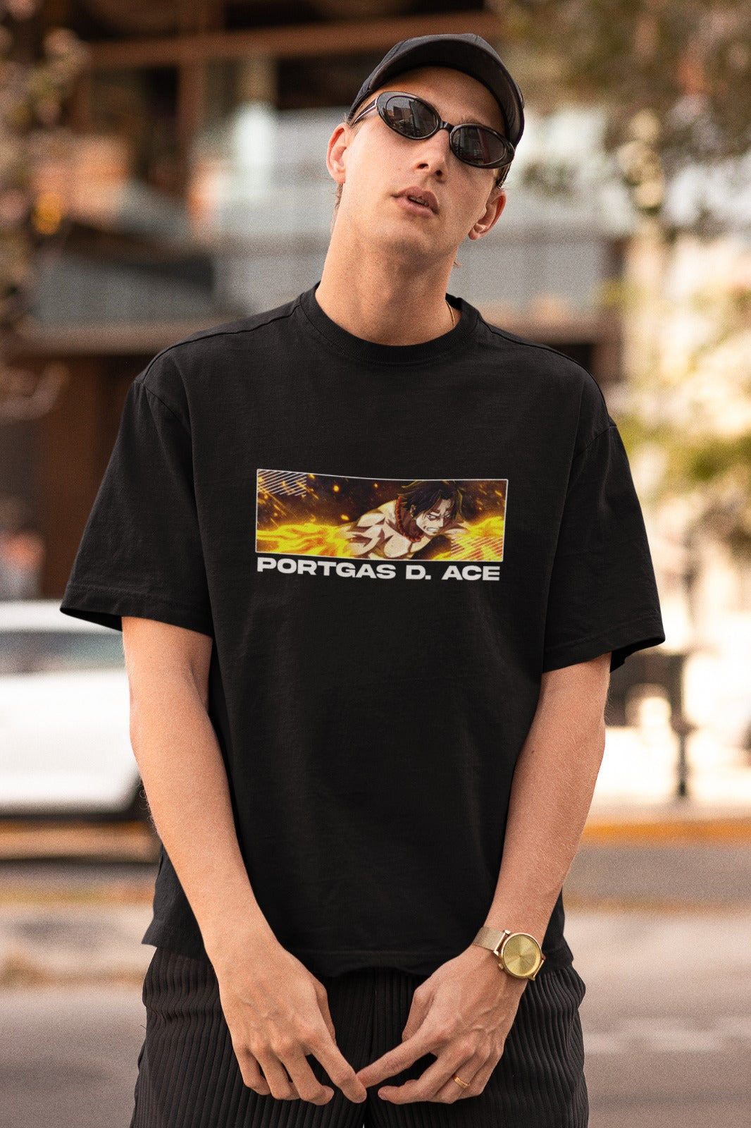 Ignite your style with our black unisex oversized t-shirt featuring Portgas D. Ace enveloped in blazing fire. This captivating tee showcases Ace's fiery spirit, complemented by his name in English for an authentic touch. Crafted with premium quality, it offers comfort and style. Perfect for One Piece fans, anime conventions, or casual wear. Make a bold statement and add this unique t-shirt to your collection today!