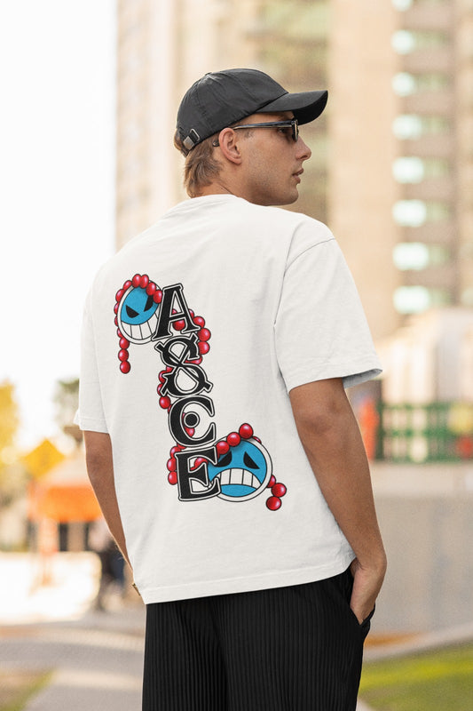 Celebrate Fire Fist Ace's legacy with our white unisex oversized t-shirt, featuring his iconic "ASCE" tattoo on the back. Crafted for style and comfort, this trendy tee is a must-have for One Piece fans. Embrace the power of Ace and make a bold statement with this unique design. Elevate your wardrobe and showcase your admiration today!
