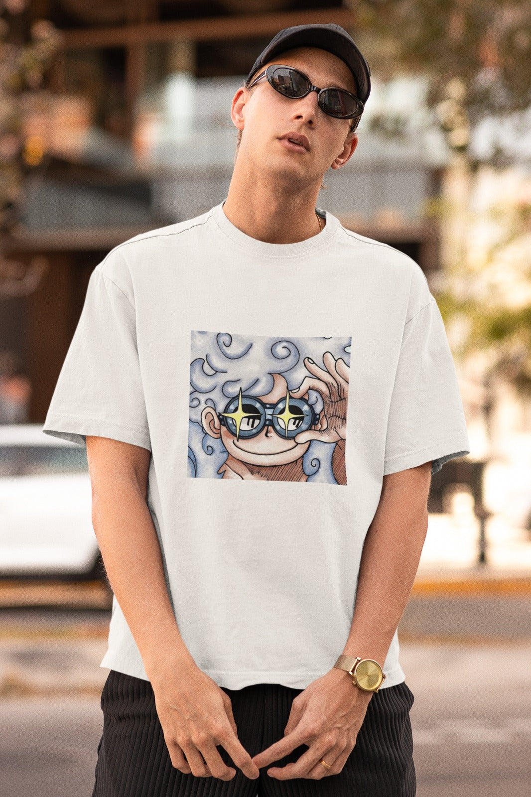 Embrace anime vibes with our white unisex oversized t-shirt showcasing Luffy in Gear 5 form, wearing cool goggles in a captivating square design. Crafted for style and comfort, this trendy tee is a must-have for One Piece enthusiasts. Make a bold statement and showcase the spirit of adventure with this unique Luffy Gear 5 t-shirt. Elevate your wardrobe in white!