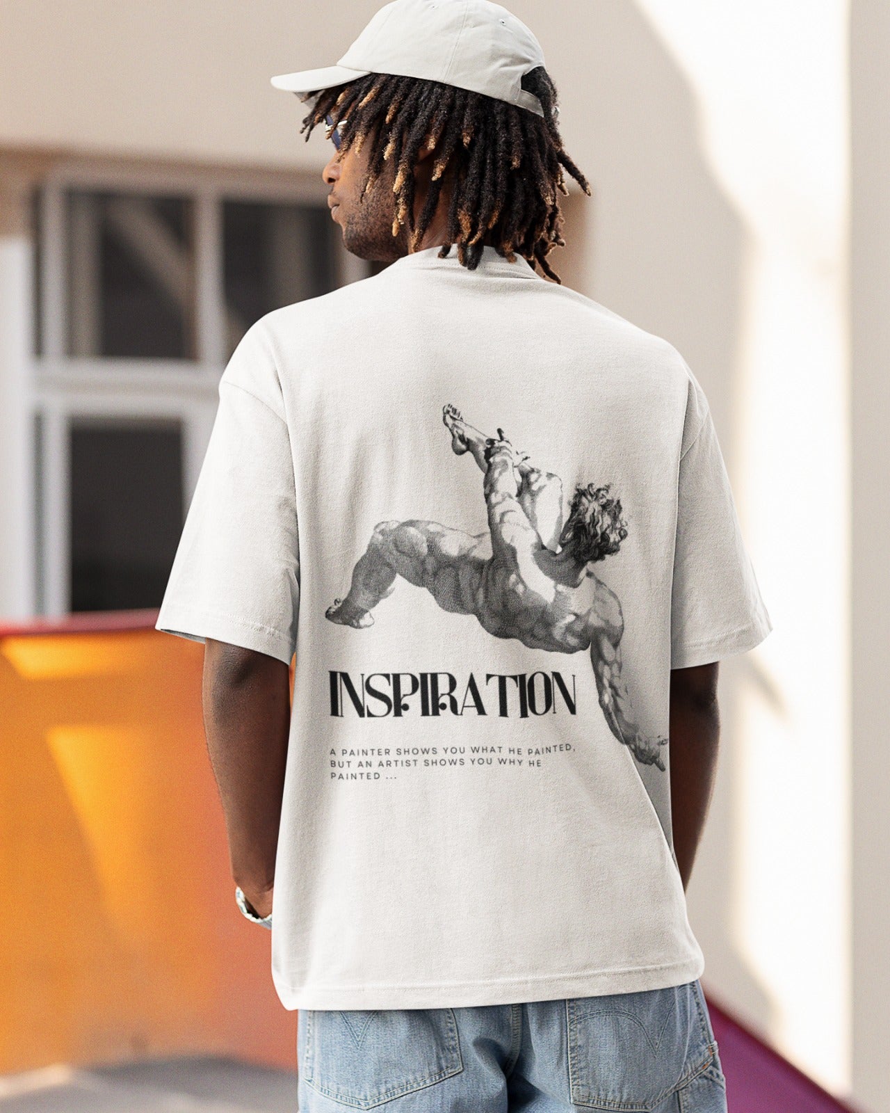 Elevate your style with our Premium White Oversized T-Shirt - "INSPIRATION: Artistry Beyond the Canvas!" This tee showcases an artistically painted black and white nude man seemingly in mid-air, titled "INSPIRATION." Below, it bears a profound message: "A painter shows you what he painted, But an artist shows you why he painted..." This shirt is a canvas of expression, inviting you to explore deeper artistic meaning. Order now and express your inner artist with style.