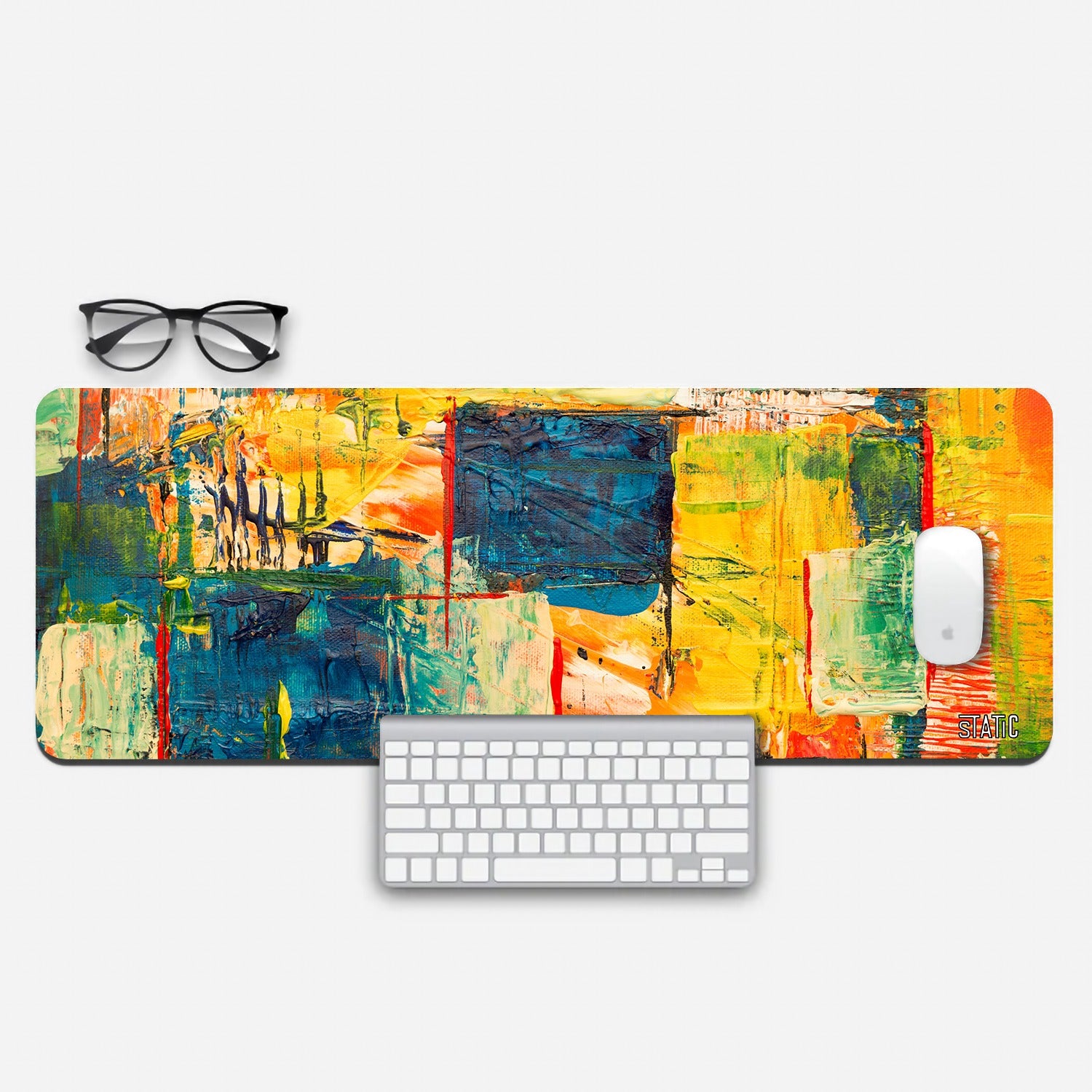 Elevate your gaming setup with our Extended Gaming Mouse Pad, featuring a captivating modern art acrylic painting. Bright yellow and rich red ochre shades arranged in near-square shapes with dark blue accents create a visually striking design. Not only does it enhance precision and control, but it also adds a touch of contemporary artistry to your desk. Upgrade your gaming experience with this fusion of functionality and aesthetics.