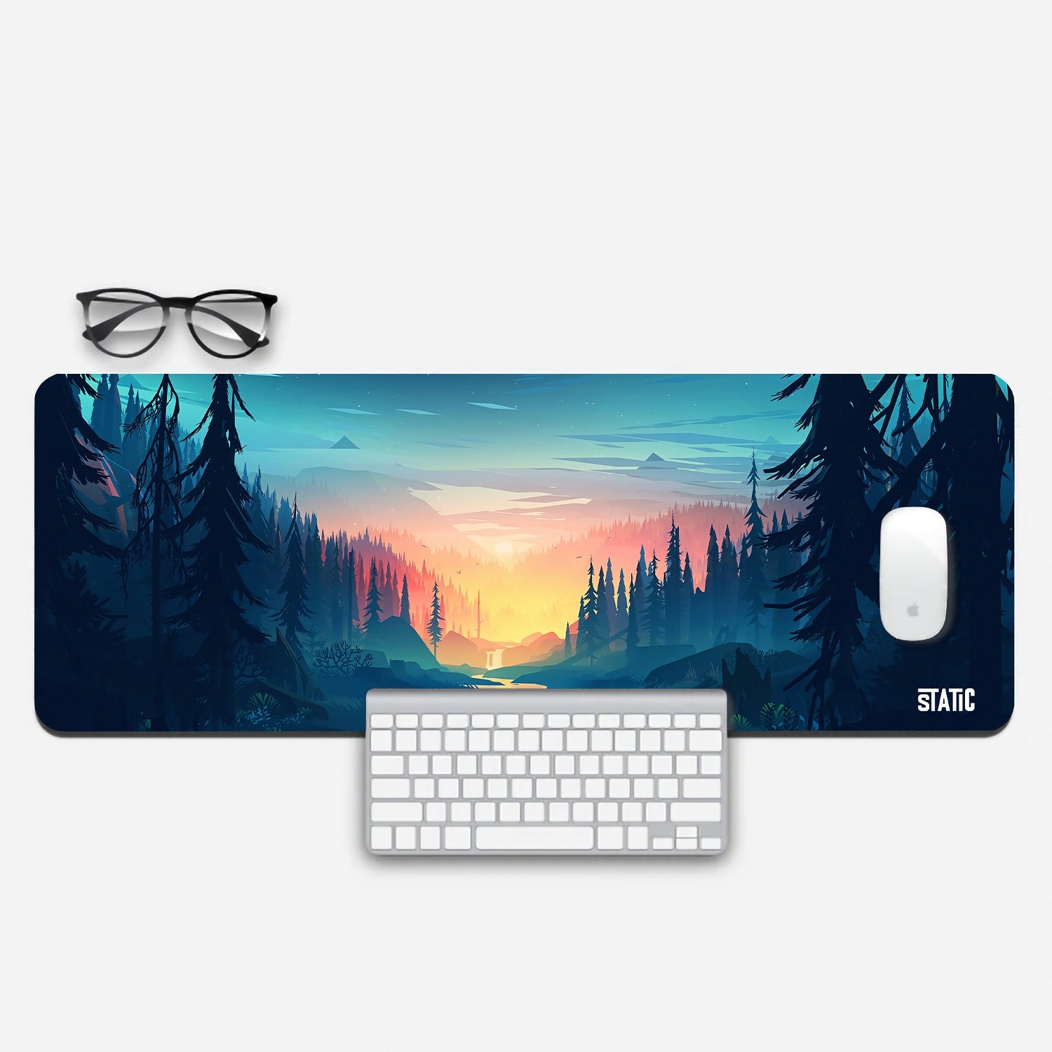 Step into the enchantment of gaming with our extended mouse pad. This captivating design features a dark forest with a serene river and a mesmerizing yellow-orange glow, akin to dawn and dusk. Elevate your gaming experience and workspace aesthetics simultaneously. Immerse yourself in the mystique of this forest – order our extended gaming mouse pad today and embark on a truly magical gaming journey.