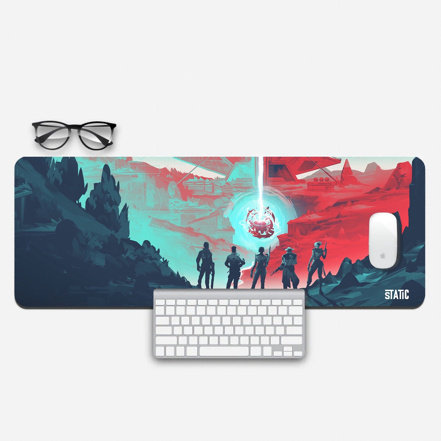 Upgrade your gaming setup with our Extended Gaming Mouse Pad, showcasing the Valorant agents in a post-apocalyptic showdown. Witness the clash between vibrant blue and fiery red in a wasteland landscape, with a central orb emitting a dazzling white beam. Immerse yourself in Valorant's thrilling world and elevate your gaming precision. Level up your game with this epic mouse pad today!