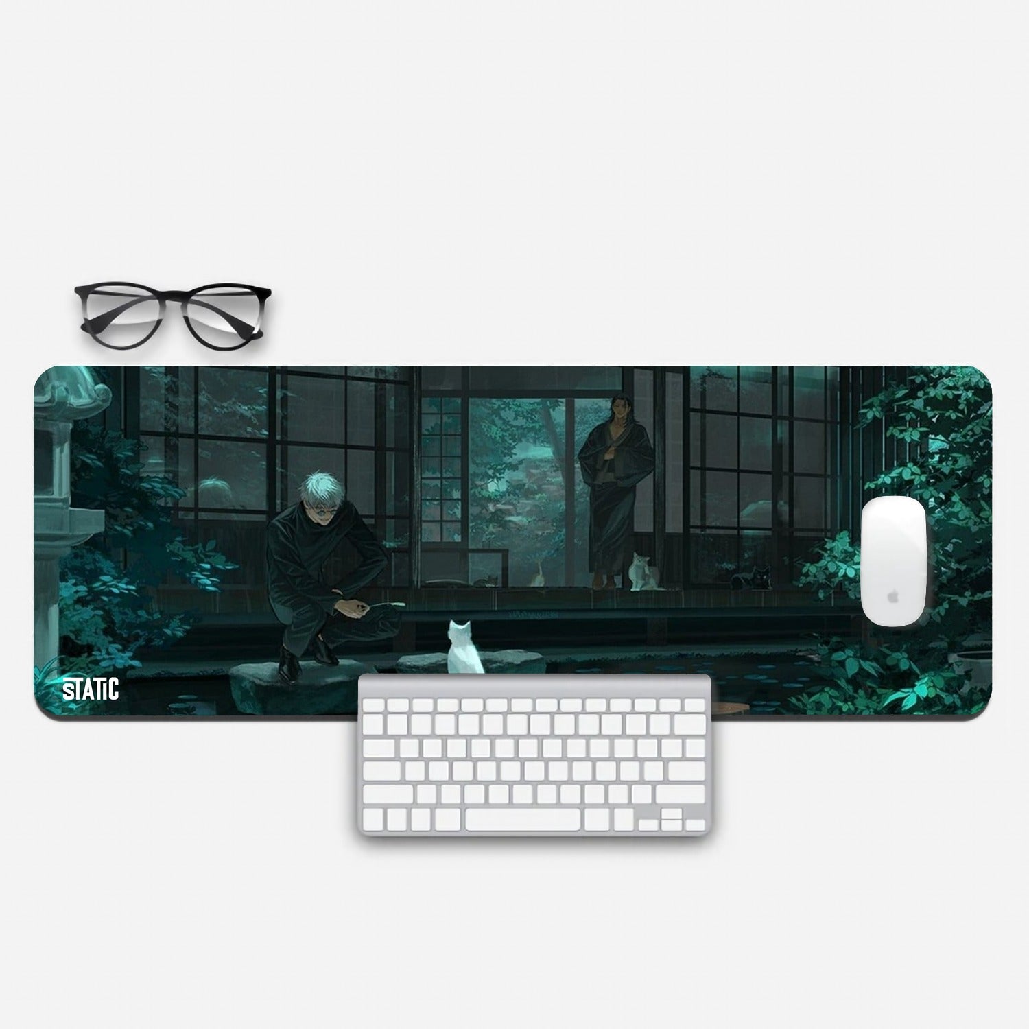 Immerse Yourself in the World of Jujutsu Kaisen with Our Extended Gaming Mouse Pad.  Featuring Gojo Satoru in a tranquil garden, playing with a white cat, while Geto observes from the entrance of a Japanese shrine. This captivating design brings the essence of Jujutsu Kaisen to your gaming setup. Elevate your gaming experience with this unique mouse pad. Order now to embrace the mystique of Jujutsu Kaisen.