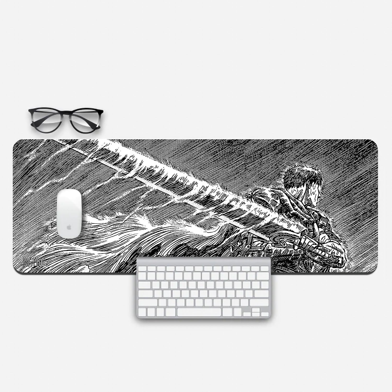 Unleash the Dark Hero with Our Extended Gaming Mouse Pad  Step into the grim and epic world of Berserk with our extended mouse pad. It features a captivating black and white image of Guts, the Black Swordsman, poised for battle amidst torrential rain. This iconic design brings the relentless determination of Guts to your gaming setup. Elevate your control and precision - order now and become a part of Guts' relentless quest for vengeance and survival in the world of Berserk!