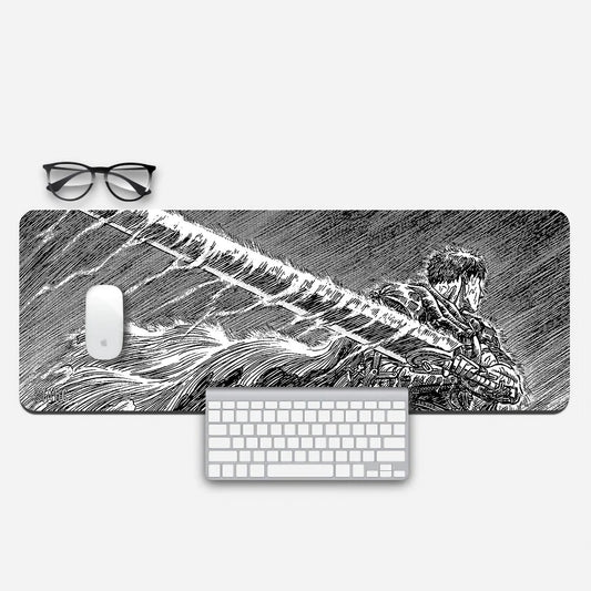 Unleash the Dark Hero with Our Extended Gaming Mouse Pad  Step into the grim and epic world of Berserk with our extended mouse pad. It features a captivating black and white image of Guts, the Black Swordsman, poised for battle amidst torrential rain. This iconic design brings the relentless determination of Guts to your gaming setup. Elevate your control and precision - order now and become a part of Guts' relentless quest for vengeance and survival in the world of Berserk!