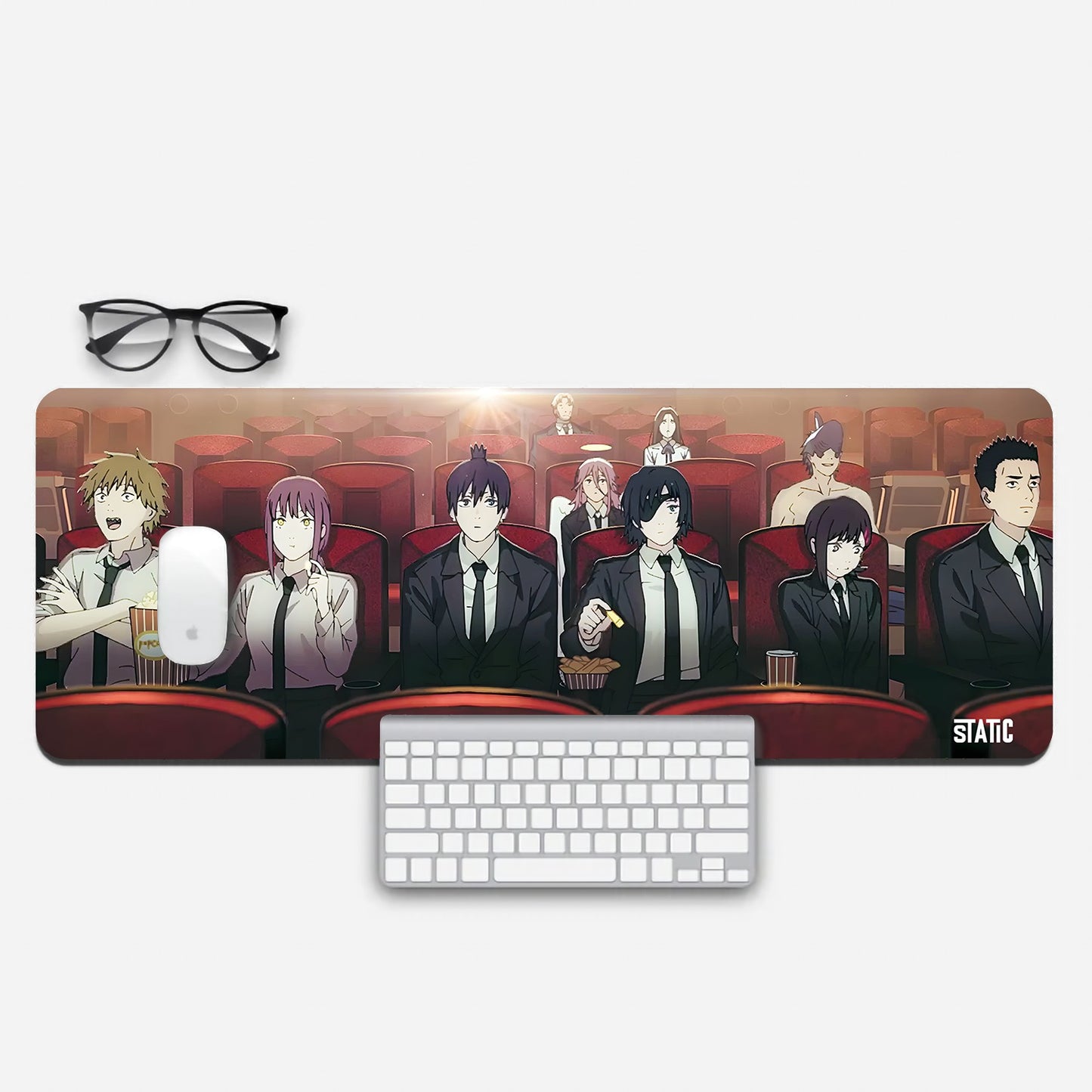 Unleash the power of Chainsaw Man in your gaming setup with our extended mouse pad. Featuring beloved characters like Denji, Aki, Power, and more in the front row, while Angel Devil and Beam enjoy the show from behind. Popcorn in hand, they're all set for a cinematic adventure. Elevate your gaming experience with this unique pad and immerse yourself in the world of Chainsaw Man. Order now and join the anime action!