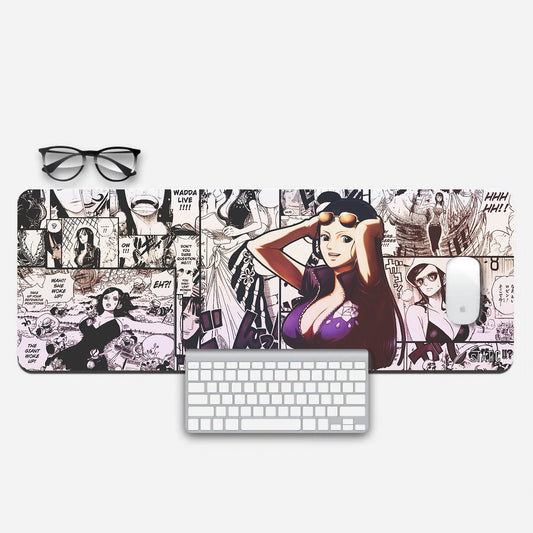 Level up your gaming with our Extended Gaming Mouse Pad featuring the enigmatic Nico Robin from One Piece. This pad showcases her iconic purple jean jacket and orange sunglasses, set against a backdrop of classic black and white manga panels from the series. Dive into the world of One Piece as you game in style and precision. Elevate your gaming setup and immerse yourself in epic moments. Get yours today!