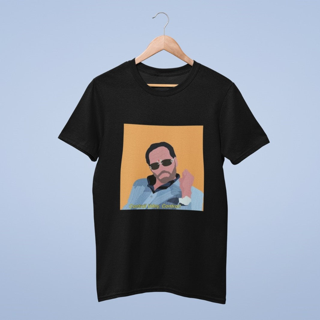 Embrace Bollywood humor with our Black Cotton Round Neck T-shirt. Featuring a playful cartoon of Nana Patekar in his iconic "Control Uday, Control" pose, this tee adds a touch of laughter to your style. Made from premium cotton, it's both comfortable and humorous. Ideal for fans of the classic film "Welcome" and anyone who appreciates a good joke in their wardrobe. Make a statement, show your Bollywood love, and get ready to turn heads with this unique tee. Grab yours today!