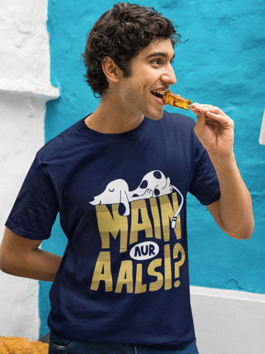 Elevate your style quotient with our Navy Blue Round Neck T-shirt featuring the phrase "Main Aur Aalsi?" (Me and Lazy?) alongside an adorable dozing dog. Crafted from high-quality navy blue cotton, this tee blends humor and fashion effortlessly. Whether you're a dog lover or appreciate a touch of wit in your attire, this shirt is the perfect choice. Express yourself with humor and charm in this comfortable and trendy tee.