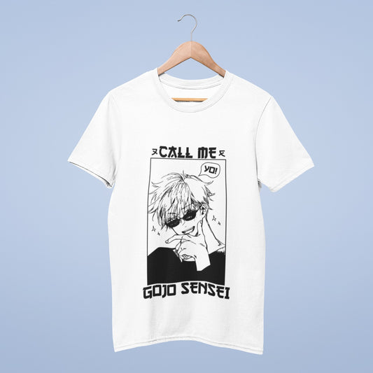 Experience style and charm with our white round neck cotton t-shirt featuring the enigmatic Gojo Satoru from Jujutsu Kaisen. This black and white graphic design captures Gojo's charisma with a casual "Yo!" at the top and "Call Me!" in bold above his confident gaze. "GOJO Sensei" at the bottom adds a respectful touch. Crafted for comfort and durability, this tee is a must-have for fans. Show your admiration for Gojo Satoru's character in style!