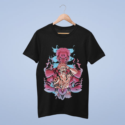 Embrace the sinister allure of Sukuna with our black cotton round neck tee. It features Itadori Yuji's transformation into Sukuna from Jujutsu Kaisen. Sukuna's wicked laughter, tongue out, takes center stage, backed by a larger image of his menacing power conveyed through intricate hand formations. For fans of dark curses and thrilling battles, this tee is a bold statement. Showcase your allegiance to the King of Curses – get yours today!
