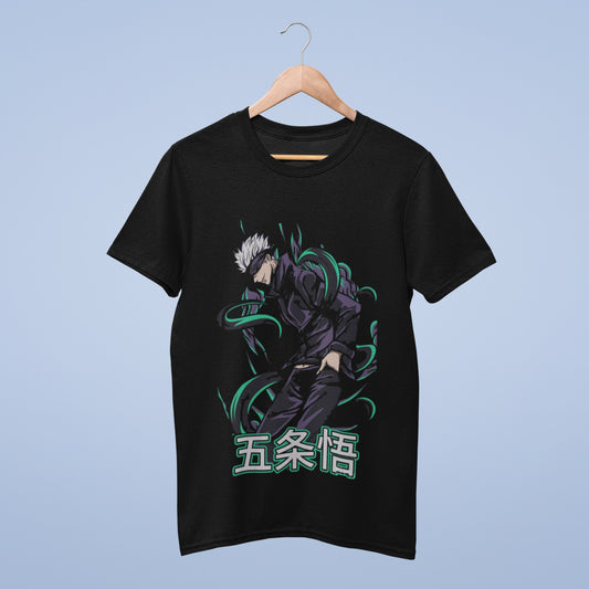 Elevate your style with our black round neck cotton t-shirt featuring Gojo Satoru from Jujutsu Kaisen. With his iconic blindfold and surrounded by vibrant blue and green streaks, this shirt encapsulates his immense cursed energy. Japanese characters boldly spell out "Gojo Satoru." Show your allegiance to the Jujutsu world's most formidable sorcerer in this captivating and comfortable tee. Embrace the mystique of Gojo with this must-have addition to your wardrobe.