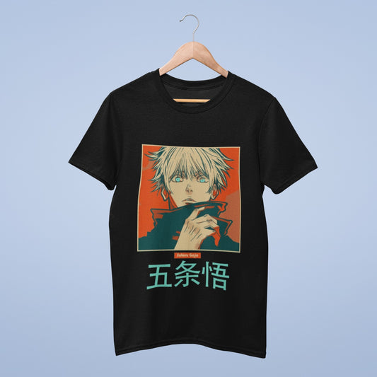 Elevate your style with our black cotton tee featuring Gojo Satoru from Jujutsu Kaisen. This shirt showcases Gojo without his blindfold against a striking retro red background. With "Gojo Satoru" in Japanese characters, it's a bold blend of authenticity and fashion. Comfortable and trendy, it's a must-have for any Jujutsu Kaisen fan. Wear it proudly to express your love for this iconic character.
