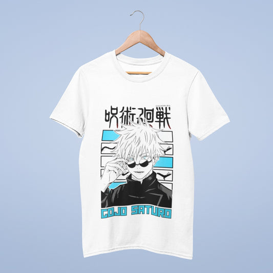 Unleash your inner Jujutsu Kaisen fan with our white cotton tee featuring Gojo Satoru. This shirt boasts a captivating black and white image of Gojo, sporting his iconic round black goggles. With "Gojo Satoru" in vibrant blue, it's a stylish nod to your favorite character. Plus, the background proudly displays "Jujutsu Kaisen" in Japanese characters. Comfortable and eye-catching, this tee lets you showcase your love for Jujutsu Kaisen with flair. Elevate your wardrobe today!