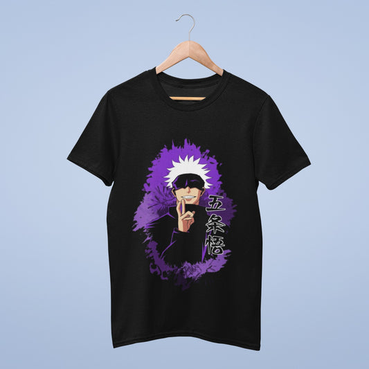 Embrace the mystique of Gojo Satoru from Jujutsu Kaisen with our black cotton round neck t-shirt. This sleek design features Gojo, blindfolded and fingers crossed, set against a dynamic purple splatter backdrop. With bold Japanese script spelling "Gojo Satoru" vertically, this tee adds an authentic flair to your style. Crafted from quality cotton, it offers comfort and fashion for Jujutsu Kaisen enthusiasts. Elevate your attire and show your passion with this Gojo Satoru tee today!