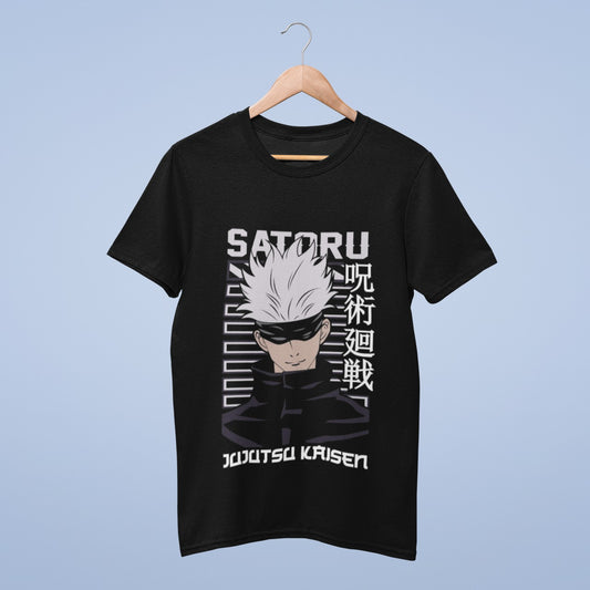 Step up your style game with our black cotton round neck t-shirt, featuring the enigmatic Gojo Satoru from Jujutsu Kaisen. This tee showcases Gojo with his blindfold, exuding an air of mystery and power. The bold "Satoru" in English at the top, "Jujutsu Kaisen" at the bottom, and Japanese characters on the side make it a must-have for fans. Elevate your anime-inspired fashion with this tee, merging comfort and style effortlessly.