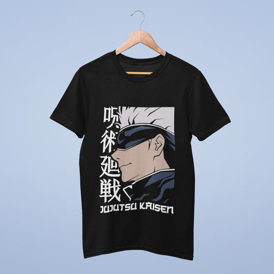 Elevate your style with our black round neck tee featuring a striking side profile of Blindfolded Gojo Satoru from Jujutsu Kaisen. This graphic design seamlessly blends Japanese and English, showcasing "Jujutsu Kaisen" vertically in Japanese characters and horizontally in English at the bottom. The bold contrast of black and white creates a captivating aesthetic. Embrace your inner Jujutsu sorcerer and make a fashion statement that stands out. Join the Jujutsu Kaisen craze and wear your passion with pride!