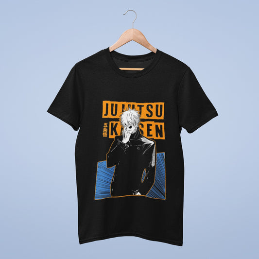 Elevate your style with this black round neck tee featuring the iconic Gojo Satoru from Jujutsu Kaisen. With his classic pose, he lowers his glasses, revealing his enigmatic eyes. The bold and vibrant "Jujutsu Kaisen" in orange on the back adds an extra touch of flair. Crafted from comfortable cotton, this tee not only showcases your love for the series but also provides a trendy and unique fashion statement. Embrace the supernatural world of Jujutsu Kaisen with this must-have addition to your wardrobe.