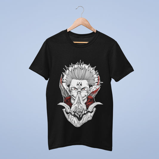 Embrace the power of Sukuna from Jujutsu Kaisen with this black cotton round neck tee. Sukuna's imposing presence is beautifully captured as he forms his palms in front of his face, with eye-catching red highlights along the neckband. Elevate your style and show your love for this iconic character. This shirt is designed for both comfort and impact, making it a must-have for any Jujutsu Kaisen enthusiast. Flaunt your passion with confidence in this Sukuna-inspired tee.