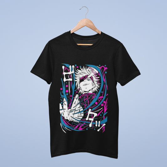 Elevate your style with this black cotton round neck tee featuring the enigmatic Gojo Satoru from Jujutsu Kaisen. The striking graphic design captures Gojo in a pivotal moment, lifting his blindfold from one eye while conjuring his powerful spell with dynamic blue and pink streaks swirling around. It's not just a shirt; it's a piece of the Jujutsu Kaisen world you can wear. Perfect for fans looking to showcase their passion in style.