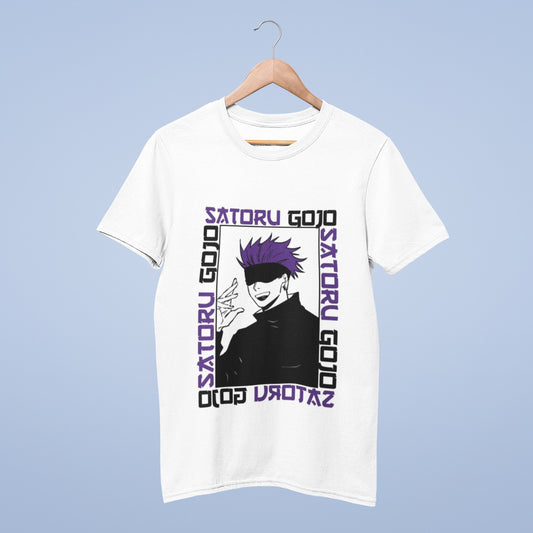 Elevate your style with this white cotton round neck t-shirt featuring the enigmatic Gojo Satoru from Jujutsu Kaisen. His striking black and white image, complete with purple hair, takes center stage. The unique design extends Gojo's identity with "GOJO SATORU" elegantly written in purple along all four sides. Show your passion for the series and this iconic character with a fashion statement that's both bold and stylish.