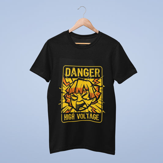 Elevate your style with this striking black cotton round neck t-shirt. It features a bold yellow-orange "DANGER" poster with a fierce caricature of Zenitsu's face crackling with lightning. Below the artwork, the words "HIGH VOLTAGE" emphasize the electrifying theme. This tee captures Zenitsu's dynamic energy, making it a standout addition to your wardrobe. Whether you're a Demon Slayer enthusiast or simply love eye-catching designs, this shirt is a must-have for your collection.