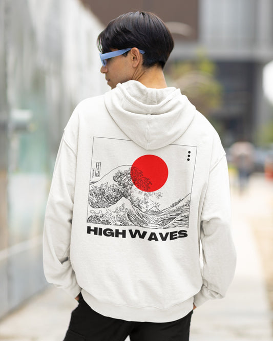 Elevate your style with our White Oversized Hoodie, showcasing a captivating black and white Japanese-style wave painting with a striking transparent red circle at its core. "HIGH WAVES" is boldly written below, making a powerful statement. This hoodie seamlessly blends Japanese artistry with contemporary fashion, offering a unique fusion of tradition and modernity. Comfort and style unite in this wearable masterpiece. Make waves in your fashion with this standout piece today.