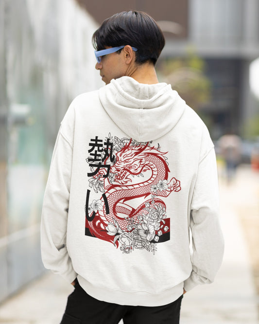 Elevate your style with our White Oversized Hoodie featuring a striking graphic design on the back—a vibrant red dragon encircled by black and white flowers, with the word "momentum" elegantly scripted in Japanese. This hoodie is a fusion of artistic expression and urban flair, making a powerful fashion statement. It embodies strength, grace, and energy. Step into a world of unique style and order your White Oversized Hoodie with the mesmerizing "momentum" design today.