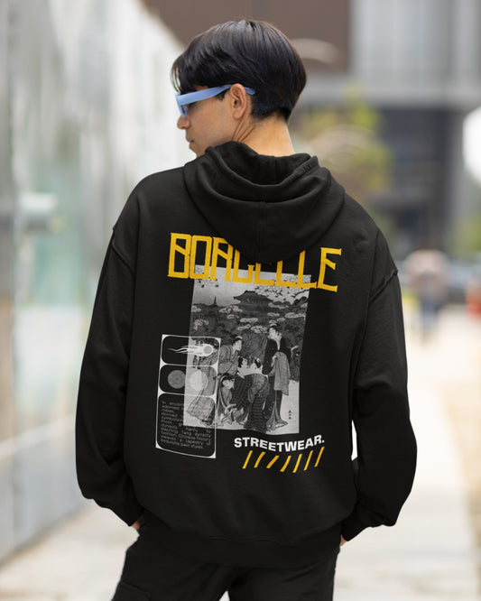 Elevate your streetwear style with our Premium Black Oversized Hoodie - "BORCELLE: Royalty Meets Street!" This unique hoodie features a captivating black and white Chinese painting of three royals on the back. The title "BORCELLE" in bold yellow, and "Streetwear" below it, also in yellow, blend heritage and urban style seamlessly. Meticulously crafted, this oversized hoodie is more; it's a statement of cultural fusion. Order and redefine your streetwear with a touch of heritage and modern flair.