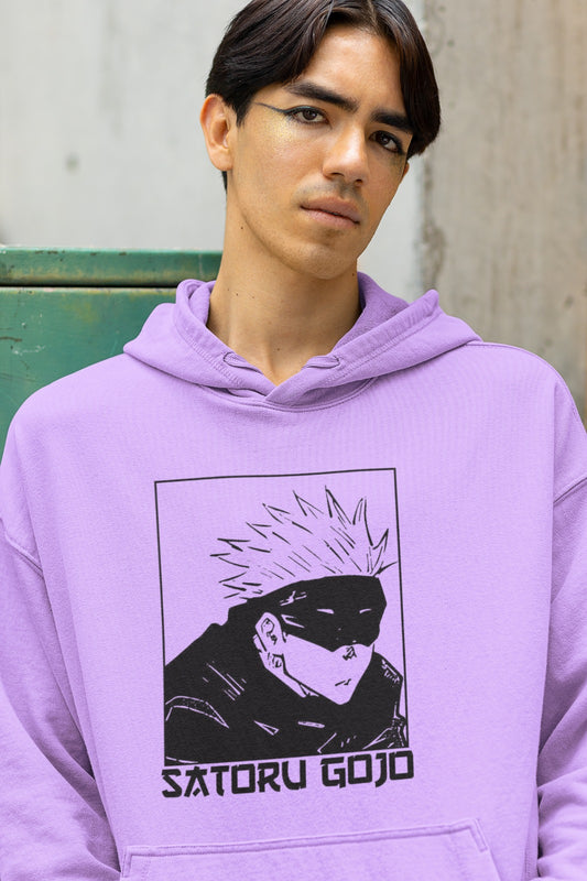 Unleash your inner sorcerer with our Lavender Gojo Satoru Hoodie! This unique oversized hoodie boasts a black and white image of Gojo Satoru deep in thought, blindfolded and mysterious. The bold 'GOJO SATORU' text at the bottom adds an extra touch of flair. Whether you're a Jujutsu Kaisen fan or simply love standout fashion, this hoodie is perfect for casual or streetwear style. Don't miss out; grab your Lavender Gojo Satoru Oversized Hoodie now and make a stylish statement!