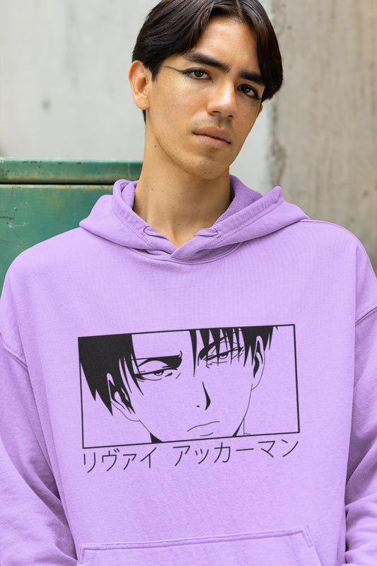 "Elevate Your Style with Lavender Levi Ackerman Oversized Hoodie!  Discover the perfect fusion of fashion and anime passion. Our Lavender Levi Ackerman Oversized Hoodie features a striking black and white half-face image of the iconic Attack on Titan character. With Levi's name in bold Japanese, this hoodie delivers a unique, authentic look. Whether you're a devoted fan or a style enthusiast, this comfy and chic hoodie is your ideal choice. Make a statement with this Lavender Levi Ackerman Oversized Hoodie!