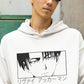 Elevate your anime collection with our White Levi Ackerman Oversized Hoodie. On the front, you'll find a striking graphic design featuring Levi Ackerman's stoic half-face with his name in Japanese below. This hoodie is a must-have for fans of Attack on Titan, combining comfort and style with your love for Levi Ackerman. Wear your admiration for this legendary character proudly.
