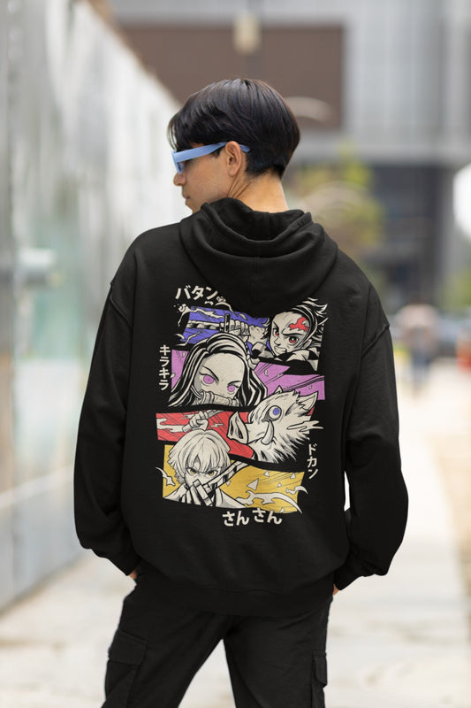 Elevate your anime fashion with our Black Oversized Hoodie, showcasing Tanjiro, Nezuko, Inosuke, and Zenitsu in their fierce attack modes. Each character's name is elegantly inscribed in Japanese beside their vibrant image. This hoodie is a striking tribute to Demon Slayer's iconic quartet. Grab yours today and make a bold statement while keeping cozy in anime style.